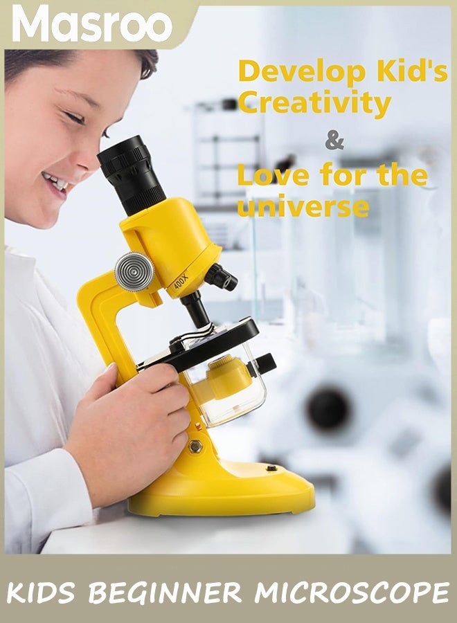 Masroo Science Kits for Kids Beginner Microscope with LED 100X 400X and 1200X-Include Sample Prepared Slides 12pc- Educational Toy Birthday Valentine's Day Gift Yellow - Image 2
