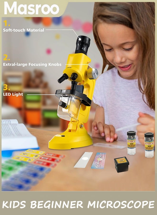 Masroo Science Kits for Kids Beginner Microscope with LED 100X 400X and 1200X-Include Sample Prepared Slides 12pc- Educational Toy Birthday Valentine's Day Gift Yellow - Image 5