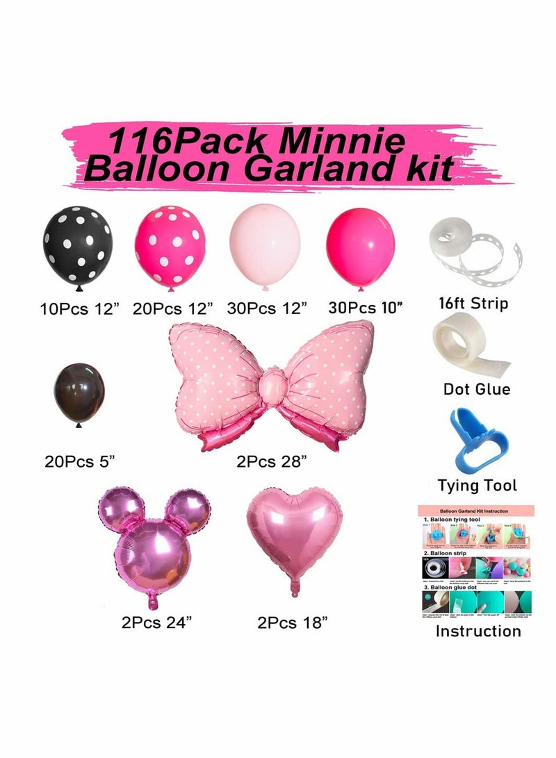 KASTWAVE Pink Mouse Color Balloon Garland Kit, 116 Pcs Pink Black Polka Dot Balloon Arch with Bow Foil Balloons for Girls Kids Pink Mouse Theme Birthday Baby Shower Decorations - Image 3