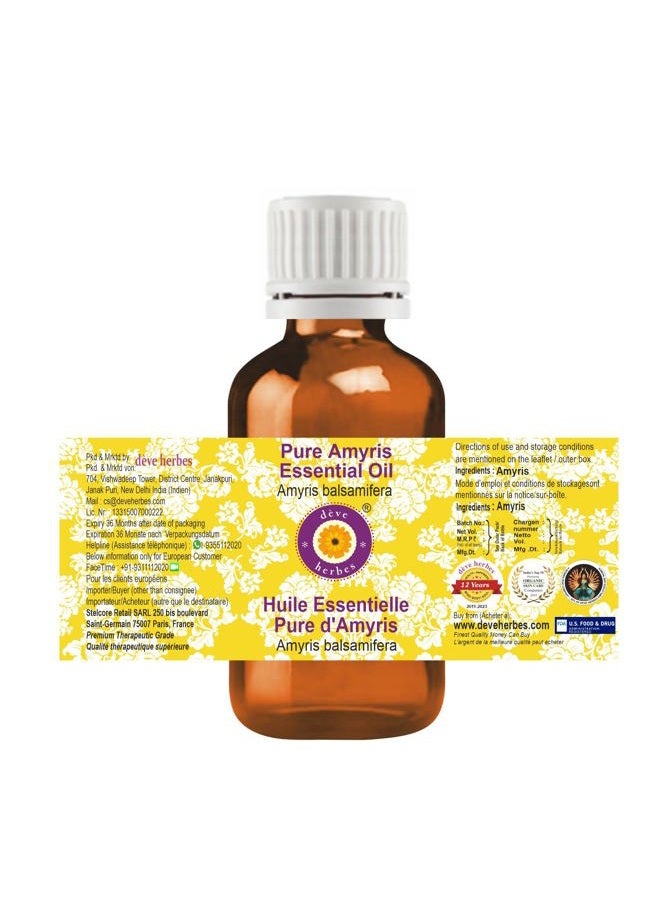 Deve Herbes Pure Amyris Essential Oil (Amyris balsamifera) Steam Distilled 10ml (0.33 oz) - Image 2