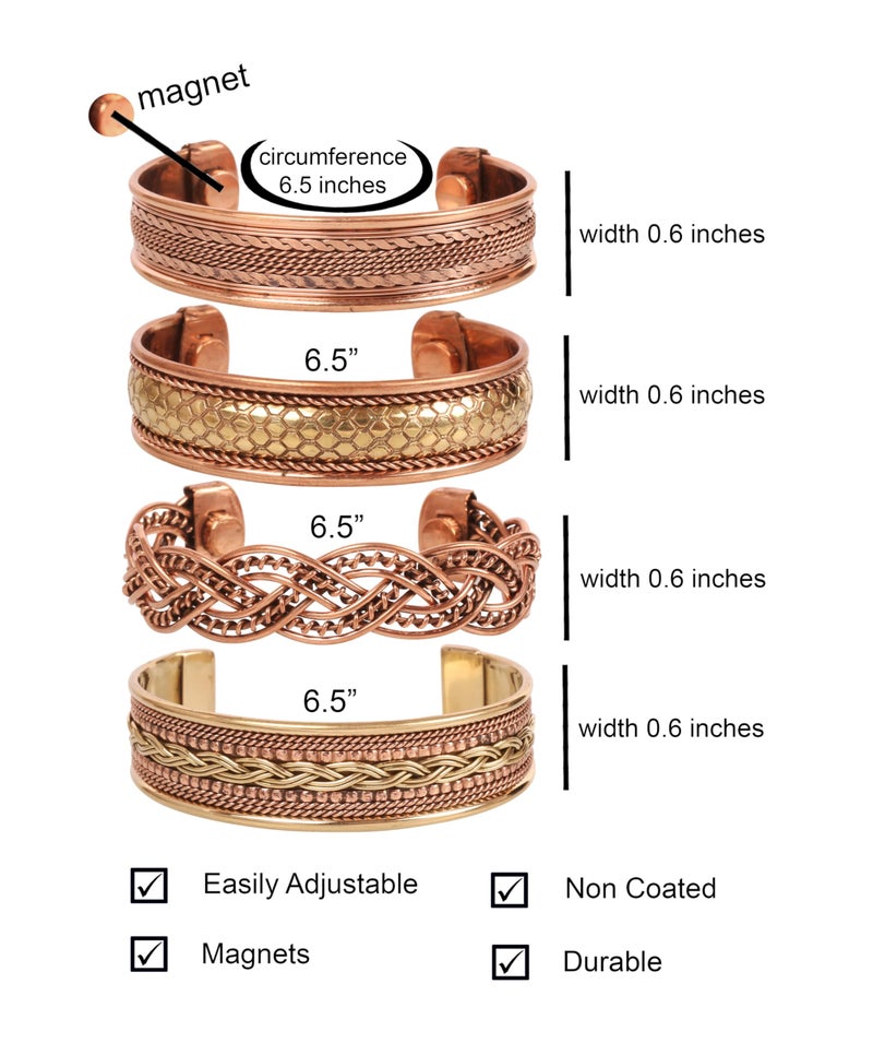 Touchstone copper bracelets | gift for men women |adjustable 100% pure solid real magnetic jewelry | handmade bracelet set combo | rope braided tibetan bangles. Set of 4 different designs - Image 3