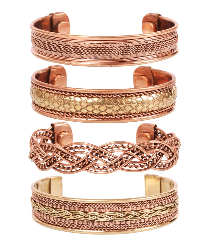 Touchstone copper bracelets | gift for men women |adjustable 100% pure solid real magnetic jewelry | handmade bracelet set combo | rope braided tibetan bangles. Set of 4 different designs - Image 1