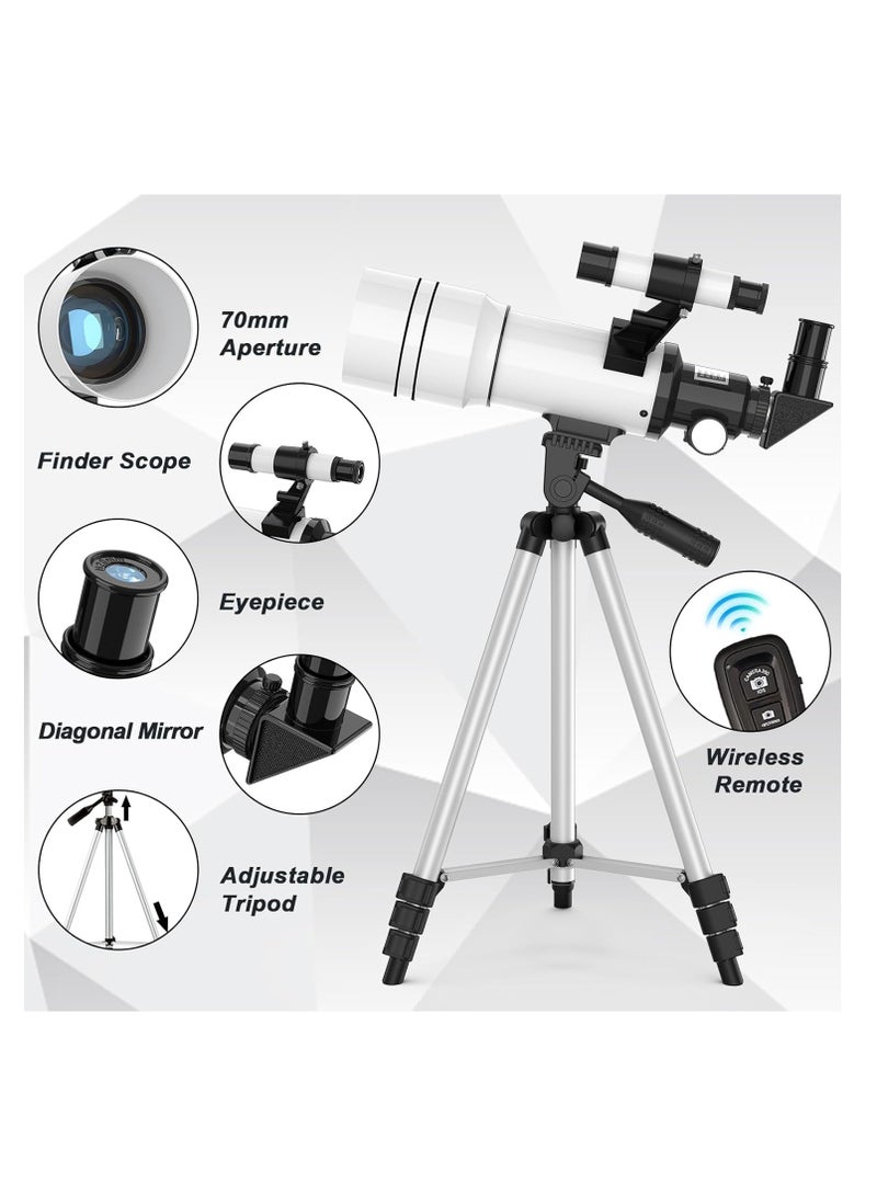 Telescope for Adults  Kids, 70mm Aperture Astronomical Refractor Telescopes for Astronomy Beginners (15X-150X), 300mm Portable Telescope with an Phone Adapter  A Wireless Remote - Image 2