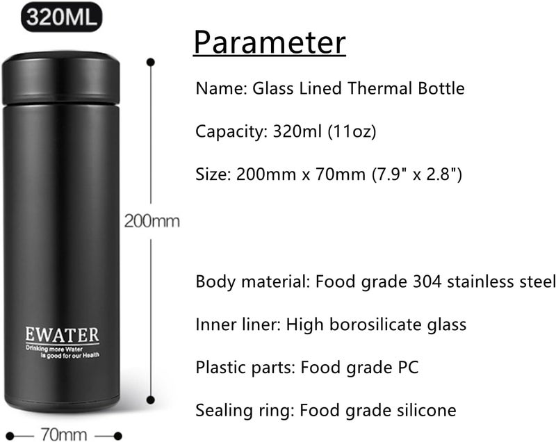 Milepetus Glass Liner Vacuum Flask Stainless Steel Water Bottle Insulated Travel Coffee Mug,11oz,9oz Available(11oz, Stainless Steel) - Image 1
