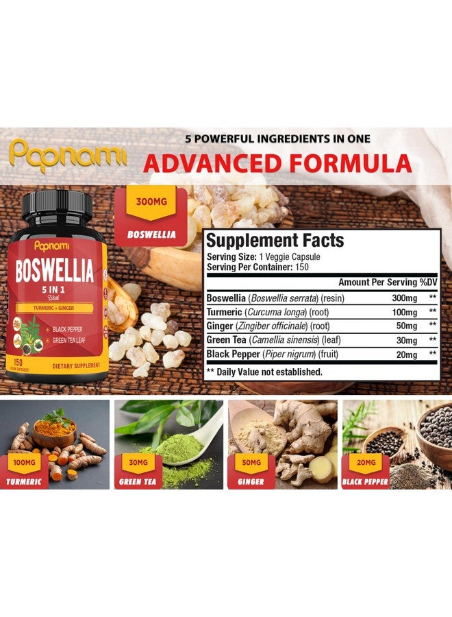 Papnami Boswellia Serrata Extract Capsules Equivalent to 3200mg & Turmeric, Ginger, Pepper, Green Tea, 5 Months Supply, 150 Capsules - Image 2