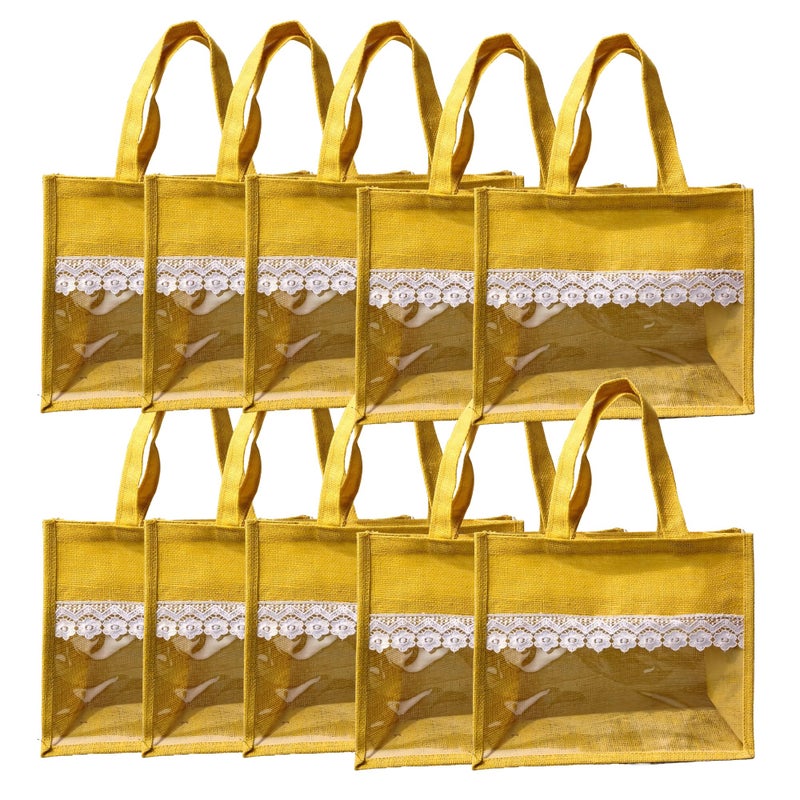 Handmakers Natural Transparent Yellow Jute Gift Bags for Return Gifts Pack of 10,12x10x5 inch - Image 1