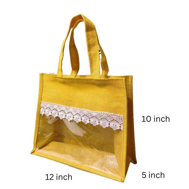 Handmakers Natural Transparent Yellow Jute Gift Bags for Return Gifts Pack of 10,12x10x5 inch - Image 3