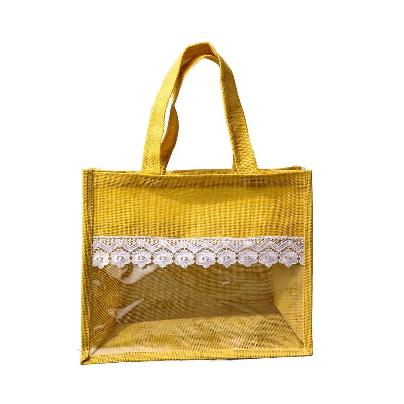 Handmakers Natural Transparent Yellow Jute Gift Bags for Return Gifts Pack of 10,12x10x5 inch - Image 2
