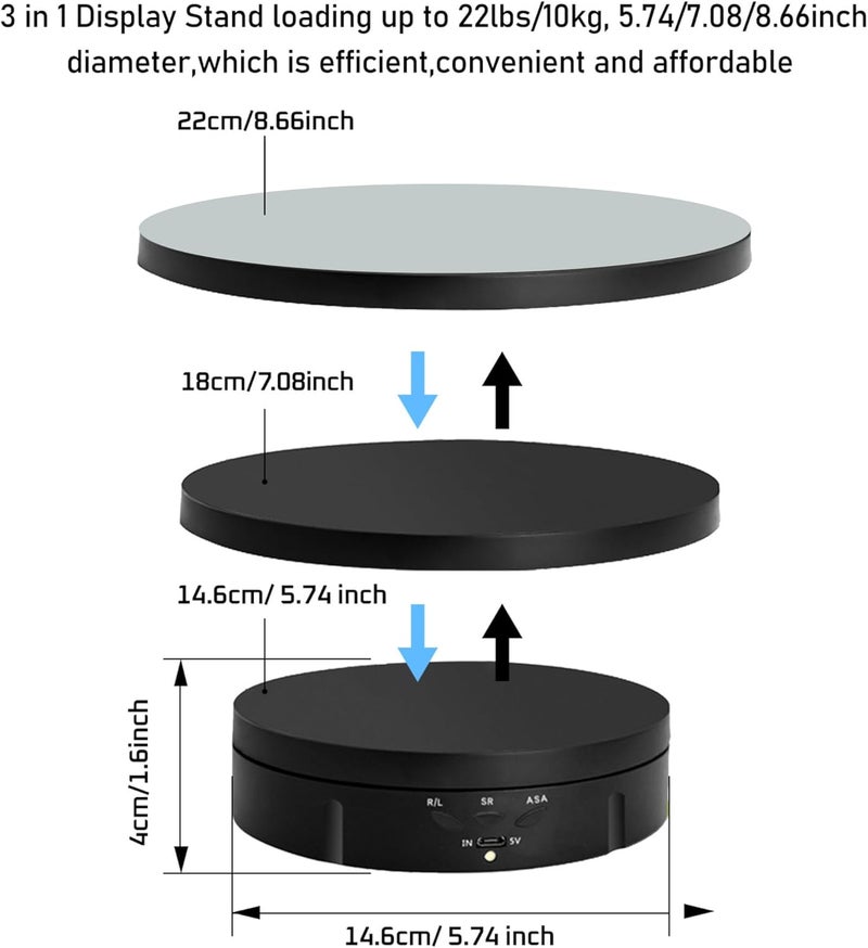 JAYEGT 3 in 1 Rotating Display Stand with 5.74/7.08/8.66 inch Replacement Mirror Cover，22lbs Load , 360 Degree Electronic Turntable for Photography Products Display (Mirror/3 in1 / Black/ NO Remote) - Image 2