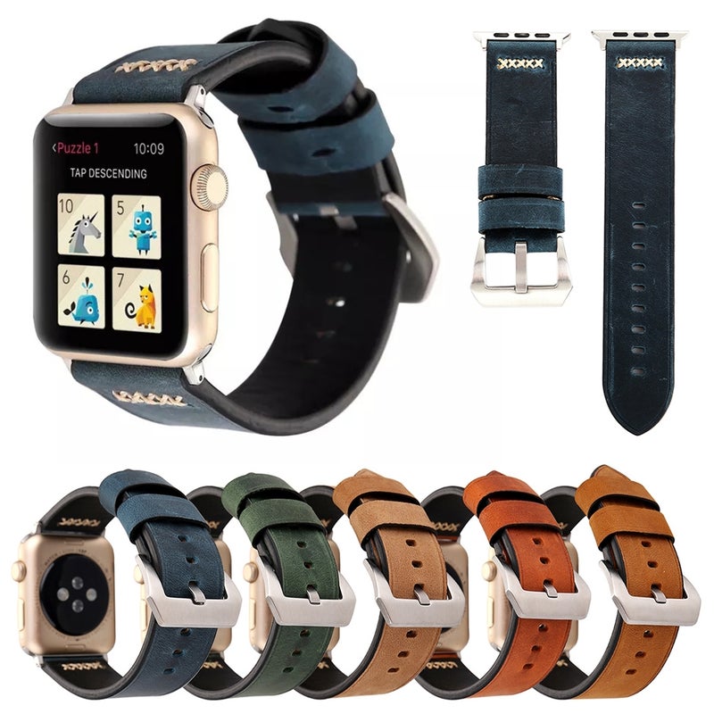 For Apple Watch Series 3 & 2 & 1 38mm Retro XX Line Pattern Genuine Leather Wrist Watch Band(Blue)