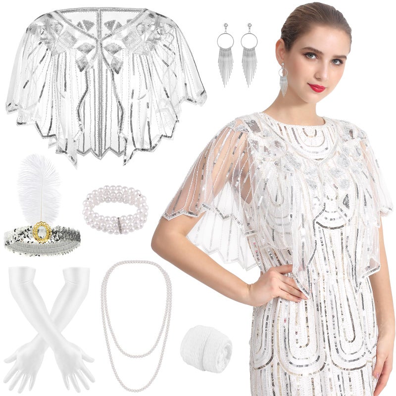 ELECLAND 10 Pcs 1920s Flapper Great Accessories Set Fashion Roaring 20's Theme Set with Headband Headpiece for Women (White) - Image 1