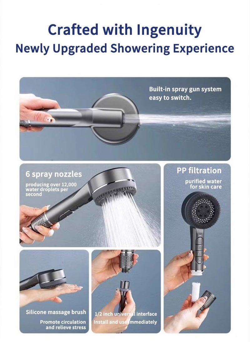 Filtered Shower Head with Handheld, High Pressure Shower Heads with Scalp Massager Shampoo Brush for Skin & Hair Care, Filtered Shower Head with Handheld Sprayer Soften Hard Water High Pressure Handheld Shower Head 4 Modes Water Saving Filter, Pause Switch, Luxury Silver Showerhead for Healthier Bathing Experience - Image 3