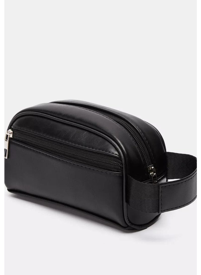 Men's Waterproof Artificial Leather Travel Toiletry Bag, Black, Double Zipper - Image 2