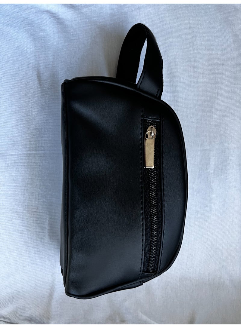 Men's Waterproof Artificial Leather Travel Toiletry Bag, Black, Double Zipper - Image 3