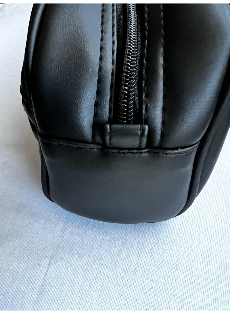 Men's Waterproof Artificial Leather Travel Toiletry Bag, Black, Double Zipper - Image 5