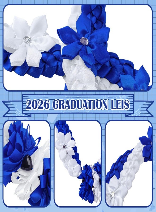 Canlierr Graduation Leis Class of 2026 Grad Ribbon Leis Double Braided Necklace Hawaiian Flower Garland with Heart Kukui Nut for Man Woman Graduation Party Supplies(Blue, White) - Image 4