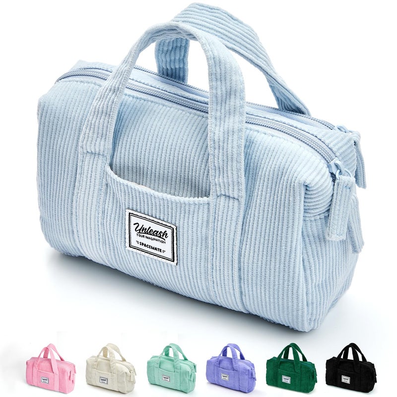 SPACEMATE Pencil Case Pouch Box Bag School Supplies Girls Boys Kids Cute Preppy Stuff Large Big Capacity Aesthetic Pen Organizer Back to College Stationary Baby Blue Corduroy Style 1800ml