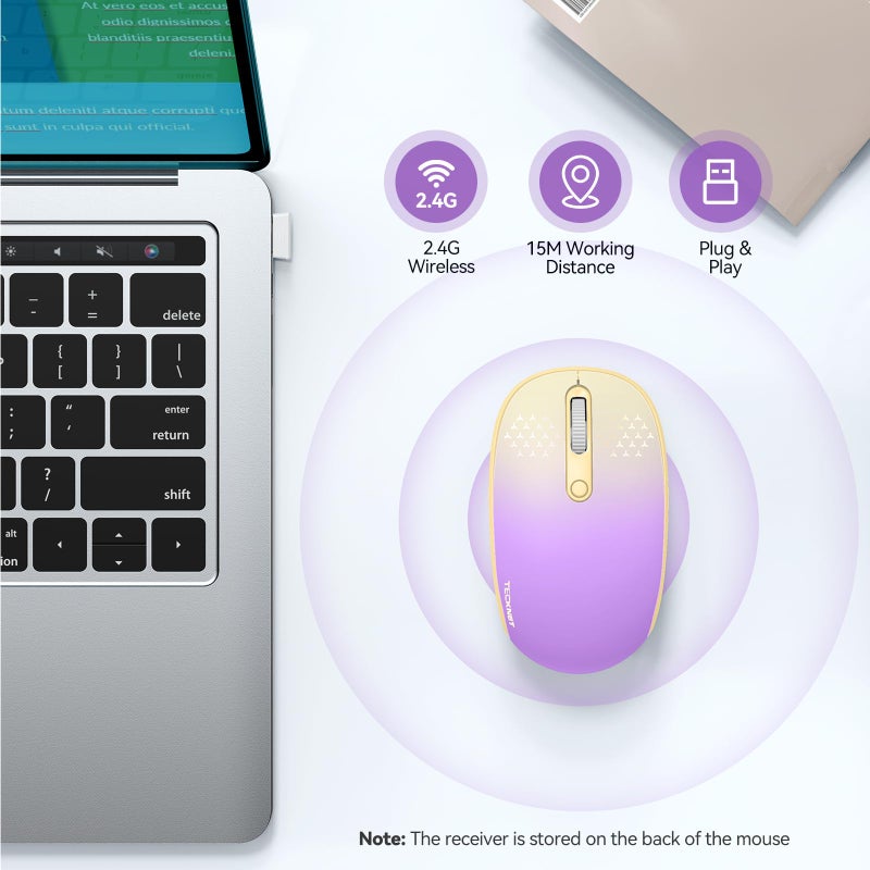 TECKNET Wireless Mouse, 2.4G Quiet Computer Mouse with USB Receiver, 4 Buttons Portable Cordless Mice for Chromebook, Laptop, PC, Mac, 800/1200/1600 DPI - Pink-Yellow Gradient - Image 2