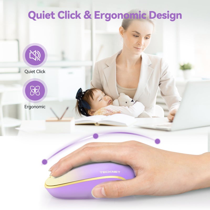 TECKNET Wireless Mouse, 2.4G Quiet Computer Mouse with USB Receiver, 4 Buttons Portable Cordless Mice for Chromebook, Laptop, PC, Mac, 800/1200/1600 DPI - Pink-Yellow Gradient - Image 4