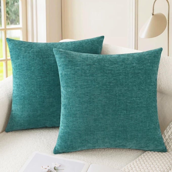 THROW PILLOW COVERS DECORATIVE 18 X 18 INCHES PACK OF 2 COZY CHENILLE CUSHION CASES FOR COUCH SOFA BED LIVING ROOM HOME TEAL