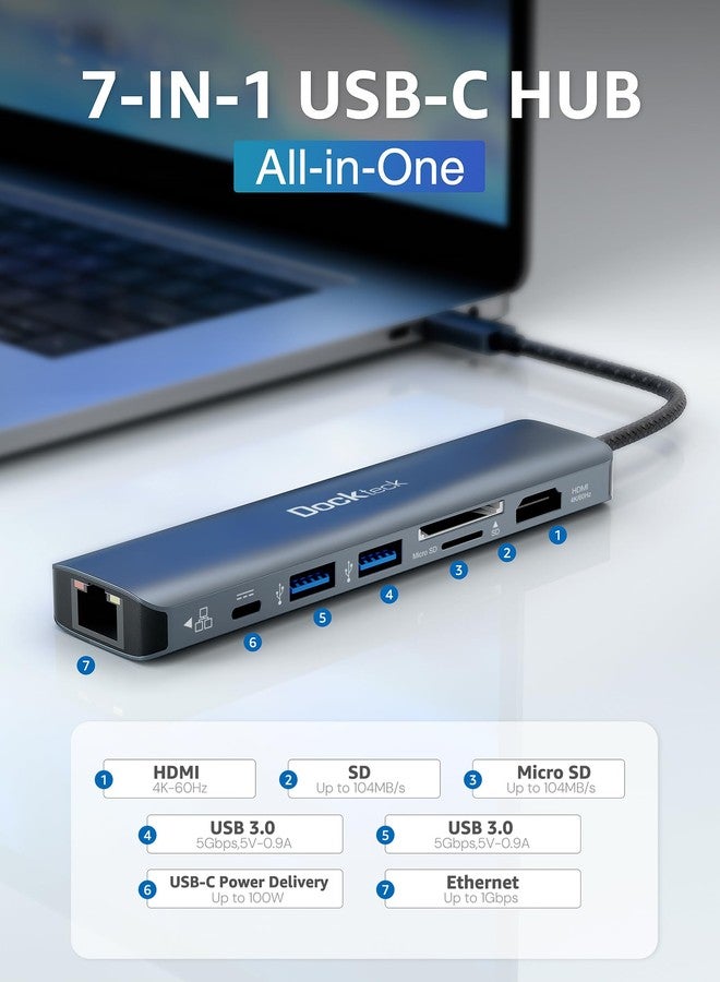 Dockteck USB C Hub Dockteck 7-in-1 Dock DD0003 USB C Adapter, Ethernet LAN RJ45, 4K 60Hz HDMI, 100W Power Delivery, 2 USB 3.0 Ports and SD/microSD for MacBook M1, iPad Pro, Surface Pro and More - Image 2