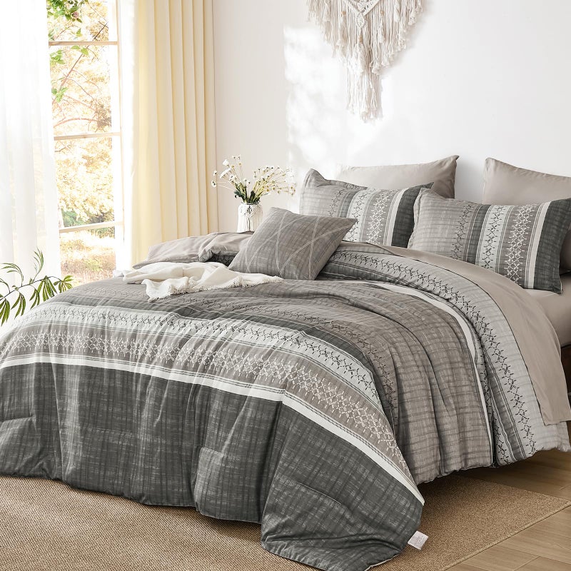 Dintszyayue Taupe Queen Comforter Size Set, 7 Pieces Striped Texture Bed in a Bag Bedding Sets, Lightweight Soft Comforter and Sheet Set, All Season Microfiber Teen Boys Bedding Sets for Men Women - Image 1