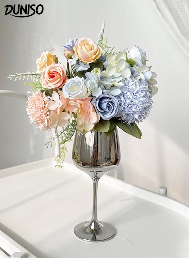 DUNISO Artificial Multicolour Rose Flowers Bouquet Simulation Flowers Mixed Rose Hydrangea Flower Bouquet with Silver Tall Cup Fake Flowers Plants Silk Flower Arrangements Wedding Bouquets Decor for Wedding Party Centerpiece Home Office Table Decoration Gift - Image 1