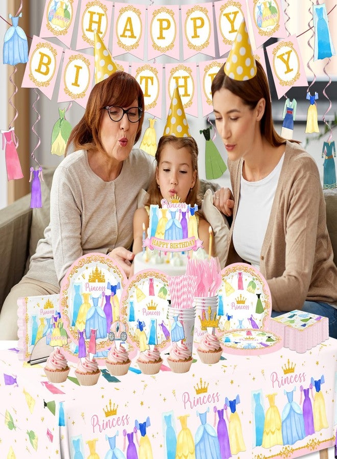 Cextoga Princess Birthday Party Decorations,181pcs Princess Party Decorations Tableware Pink Princess Plates and Napkins Cups Tablecloth Banner Hanging Swirls Cake Topper for Girl Birthday Supplies,Serve 24 - Image 2