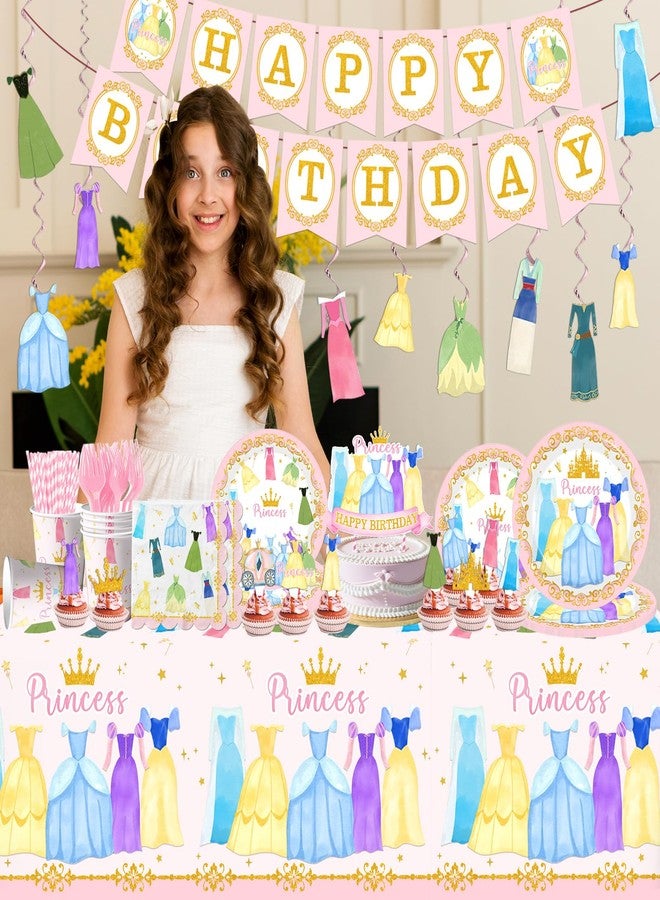 Cextoga Princess Birthday Party Decorations,181pcs Princess Party Decorations Tableware Pink Princess Plates and Napkins Cups Tablecloth Banner Hanging Swirls Cake Topper for Girl Birthday Supplies,Serve 24 - Image 3