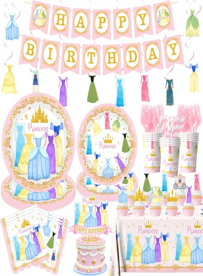 Cextoga Princess Birthday Party Decorations,181pcs Princess Party Decorations Tableware Pink Princess Plates and Napkins Cups Tablecloth Banner Hanging Swirls Cake Topper for Girl Birthday Supplies,Serve 24 - Image 1
