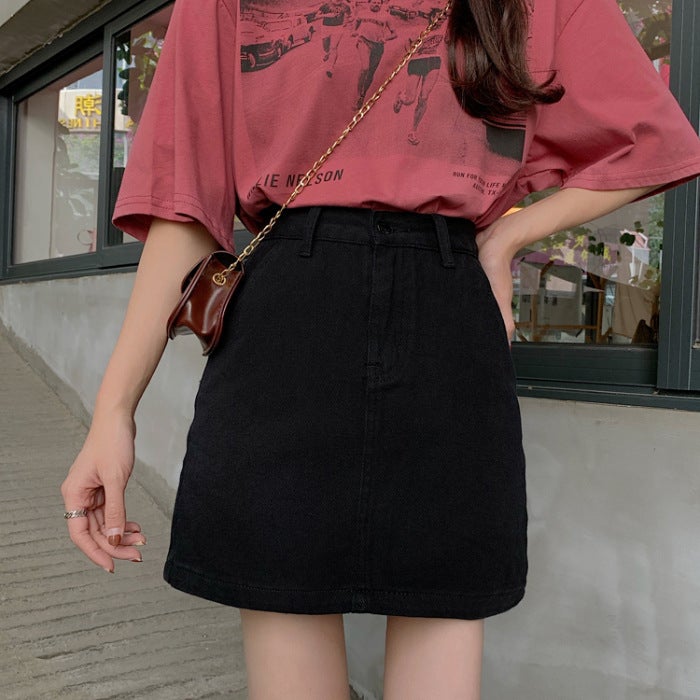 001 non-real shot Korean version of high waist a-shaped denim skirt women's new high waist slim Student hip A- shaped skirt - Image 1