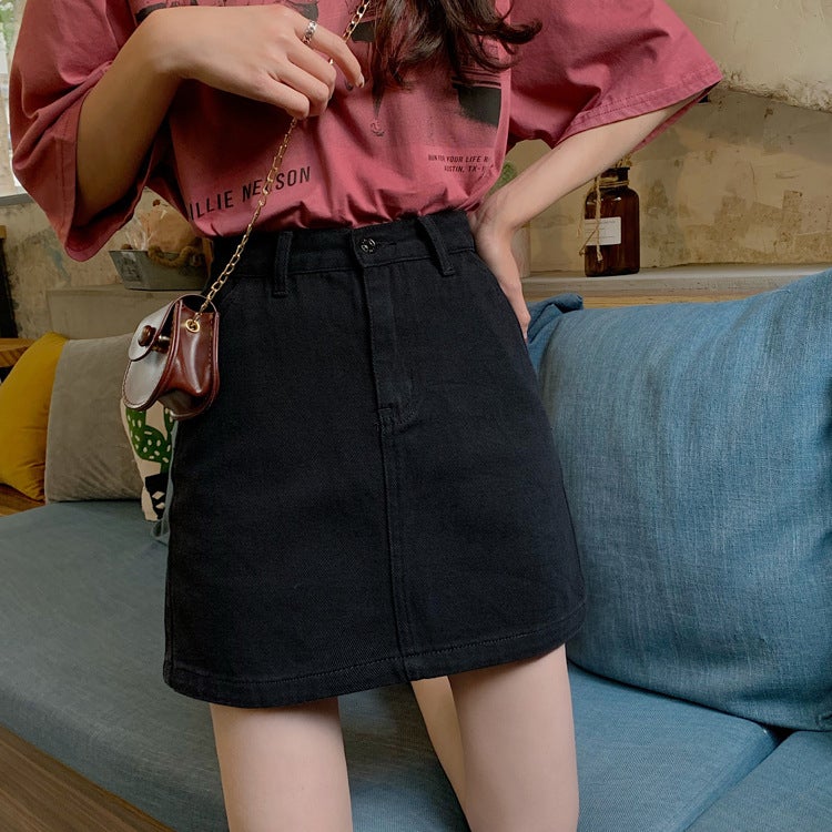 001 non-real shot Korean version of high waist a-shaped denim skirt women's new high waist slim Student hip A- shaped skirt - Image 4