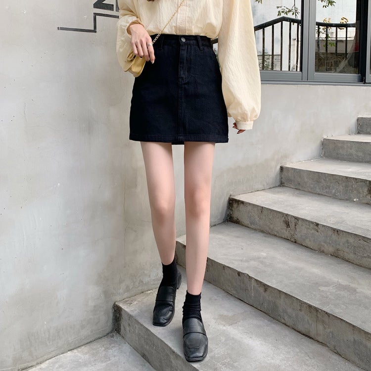 001 non-real shot Korean version of high waist a-shaped denim skirt women's new high waist slim Student hip A- shaped skirt - Image 5