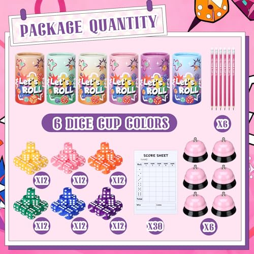 RoundFunny 6 Sets Bunco Game Kit Party Supplies for Ladies Night Family Board Game Gift Colorful Dice Bells Dice Cups 30 Score Card Pencils Rule Sheet for up to Groups Pink - Image 5