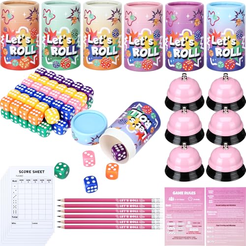 RoundFunny 6 Sets Bunco Game Kit Party Supplies for Ladies Night Family Board Game Gift Colorful Dice Bells Dice Cups 30 Score Card Pencils Rule Sheet for up to Groups Pink - Image 1
