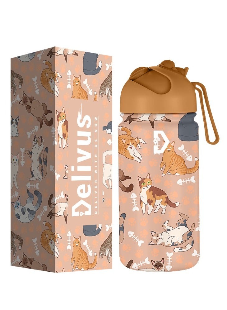 Delivus Kids Water Bottle Bpa Free 14 OZ with 2 Straws and Cleaning Set Children Double Wall Stainless Steel Drinking Bottles Thermos Insulation Flask ( Pink ) - Image 1