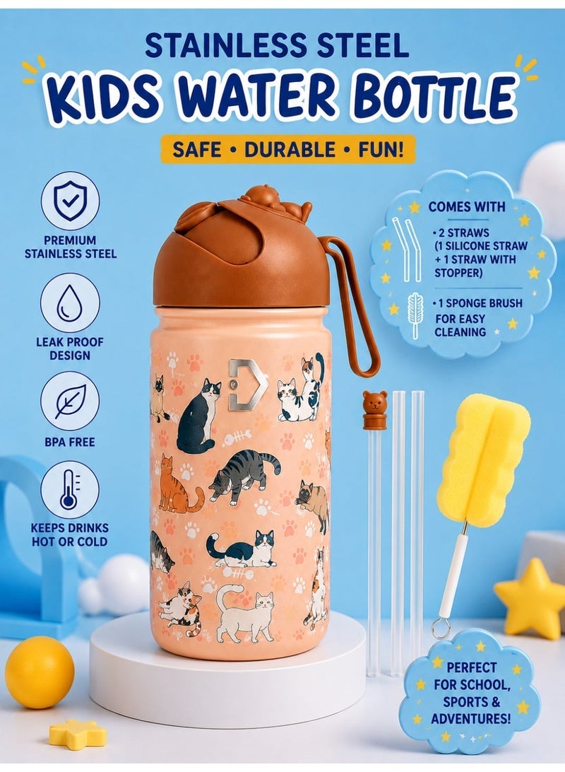 Delivus Kids Water Bottle Bpa Free 14 OZ with 2 Straws and Cleaning Set Children Double Wall Stainless Steel Drinking Bottles Thermos Insulation Flask ( Pink ) - Image 3