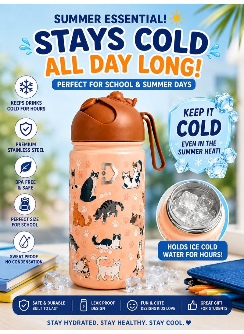 Delivus Kids Water Bottle Bpa Free 14 OZ with 2 Straws and Cleaning Set Children Double Wall Stainless Steel Drinking Bottles Thermos Insulation Flask ( Pink ) - Image 2