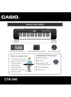 CASIO CTK-240 Digital Musical Piano Keyboard for Beginners 49 Keys 100 Tones 100 Rhythms, Included Power Adaptor  - Image 4