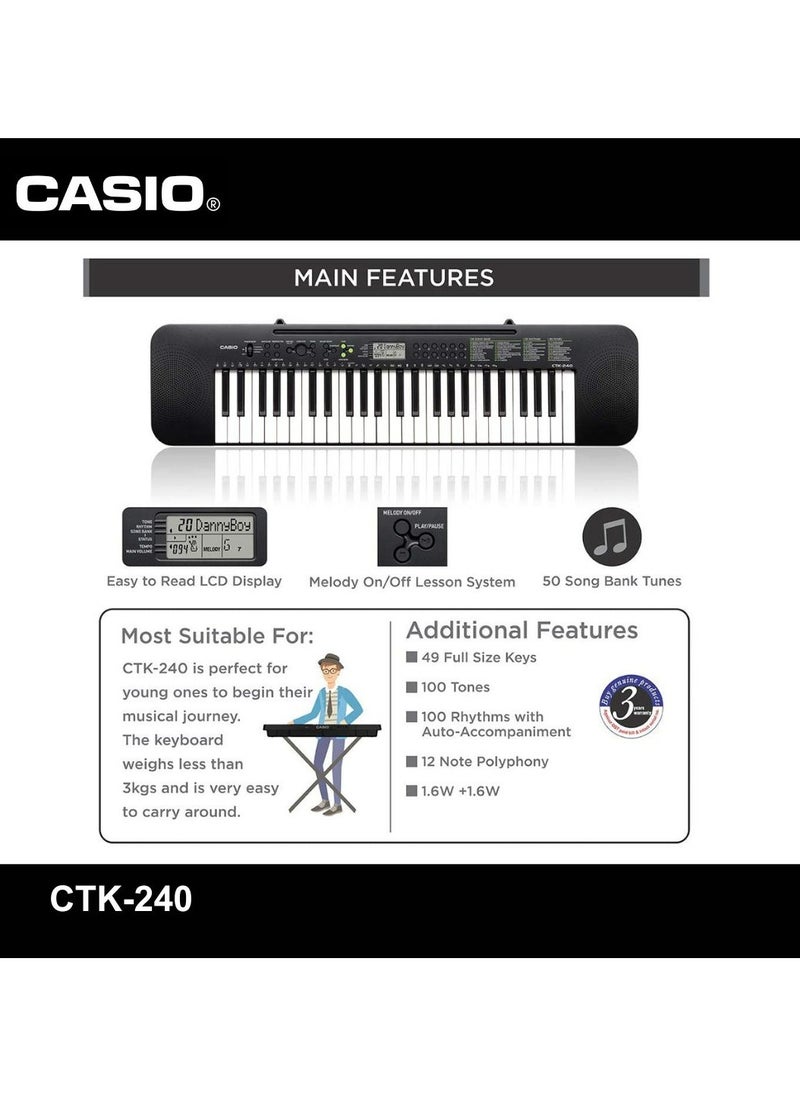 CASIO - CTK-240 Digital Musical Piano Keyboard for Beginners 49 Keys 100 Tones 100 Rhythms, Included Power Adaptor - Image 1