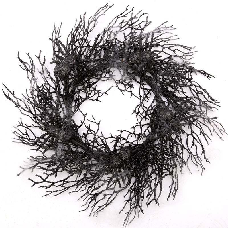 Skrantun 18 Inch Halloween Wreath Black Wreath with Spiders and Webs Door Wreath with Halloween Decorations for Halloween Party and Holiday Decorations - Image 1