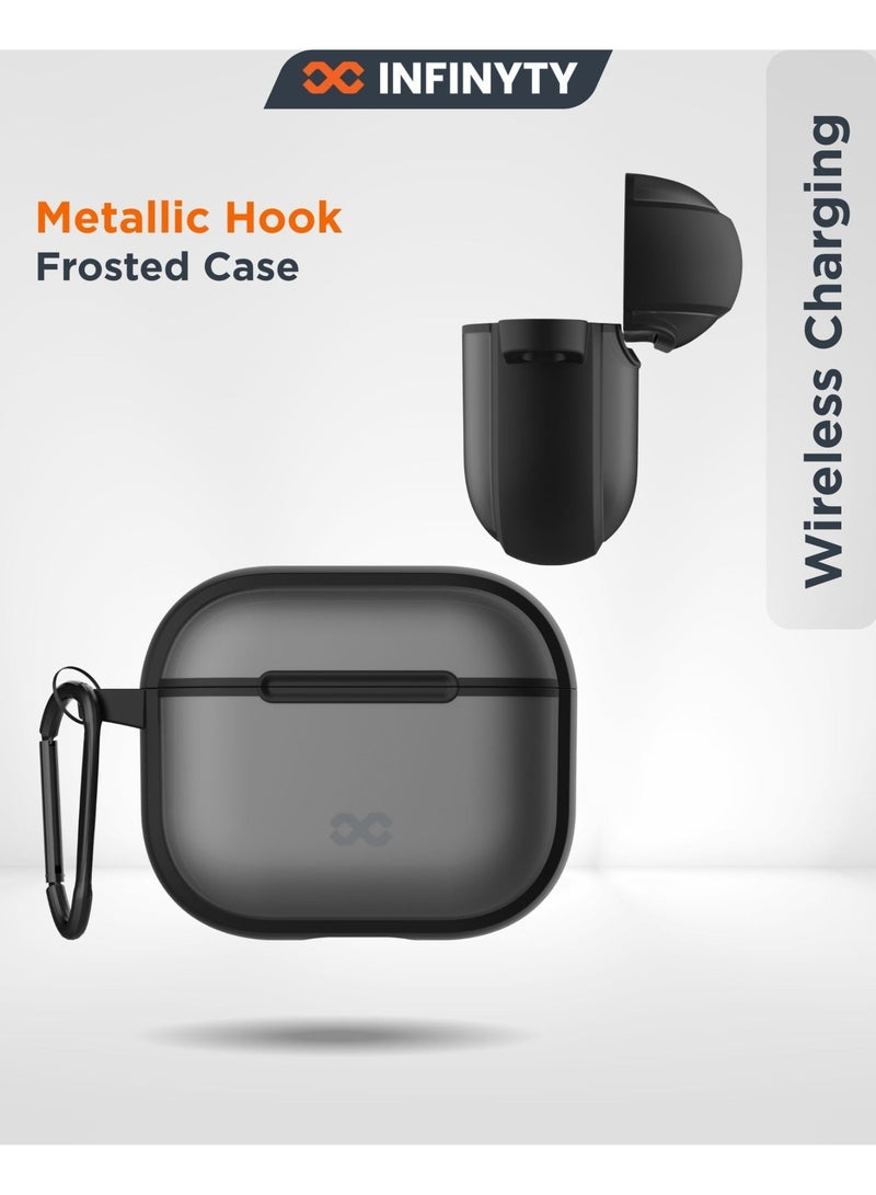 INFINYTY AirPods 4 Frosted Silicone Case – Vizo Series (Black), Matte Finish, Shockproof Protection, 1.5m Drop-tested, Scratch-Resistant, Lightweight, Precision Fit, Wireless Charging Compatible, Includes Metal Hook - Image 1