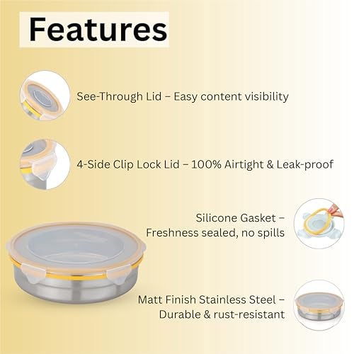 STEELLOCK Stainless Steel Airtight Container with Lid | Leakproof, BPA-Free, Durable Kitchen Storage | Multipurpose Food Storage Containers for Kitchen | ‎SL-1601-set of 1, 1700ml each, Yellow - Image 5
