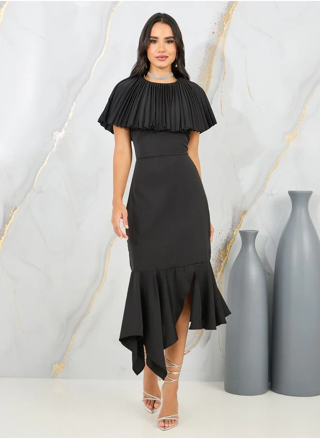 ستايلي Pleated Cape Sleeves Bodycon Midi Dress