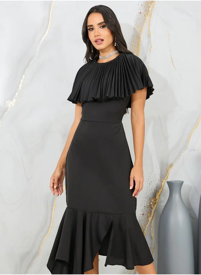 ستايلي Pleated Cape Sleeves Bodycon Midi Dress