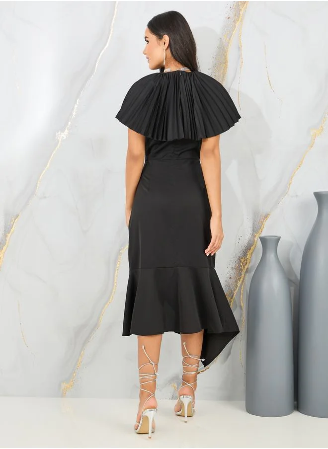 ستايلي Pleated Cape Sleeves Bodycon Midi Dress