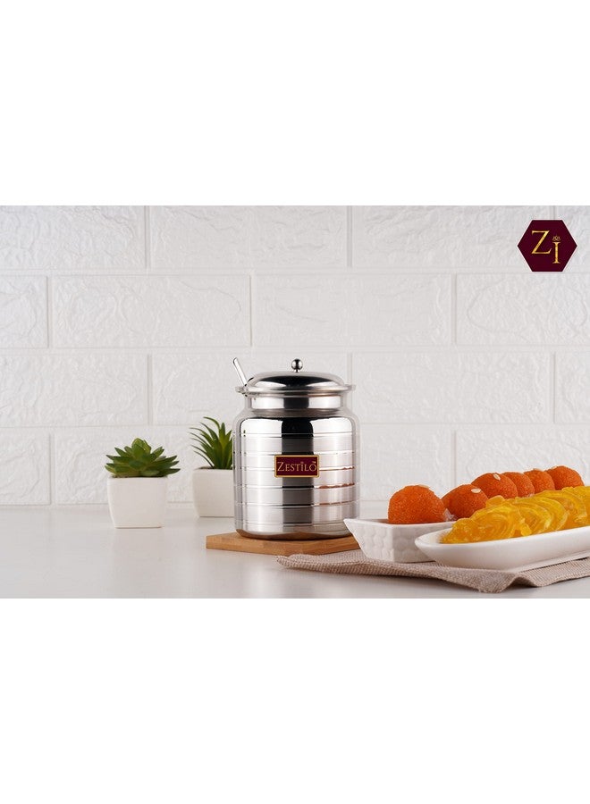 ZESTILO Stainless Steel Oil/Ghee pot with spoon/Ghee Jar/Oil Container/oil dispenser 1 litre Platinum Finish (1100 ML) - Image 2