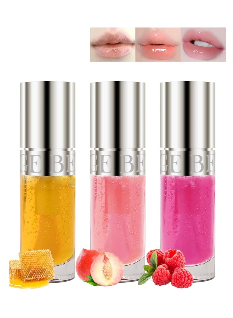 Hydrating Lip Oil Set - 3 Color Reviver Lip Glow Oils with Tinted Gloss and Plumping Formula - Flavored Fruit Lip Stain Oil with Big Brush Head - Moisturizing Lip Glaze for Women - Image 1