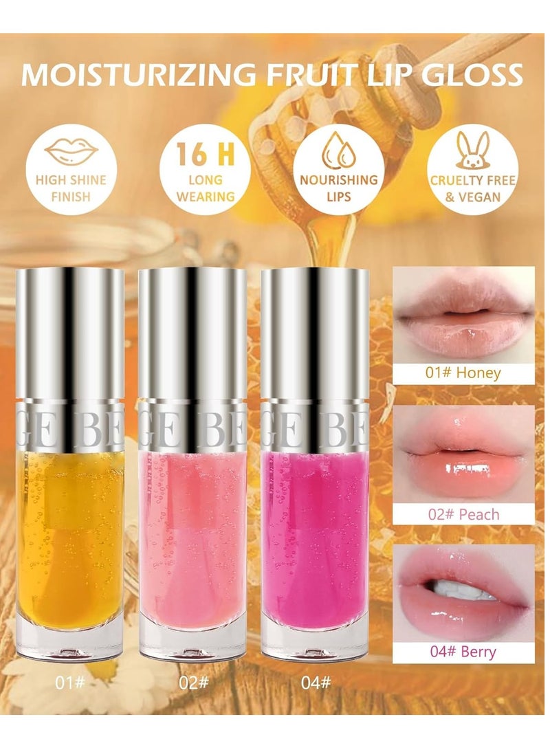 Hydrating Lip Oil Set - 3 Color Reviver Lip Glow Oils with Tinted Gloss and Plumping Formula - Flavored Fruit Lip Stain Oil with Big Brush Head - Moisturizing Lip Glaze for Women - Image 2