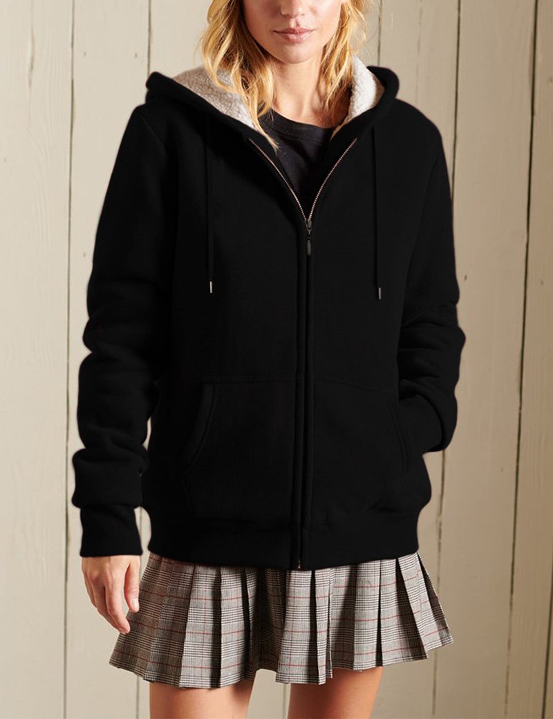 Yeokou Women's Casual Full Zip Up Sherpa Lined Hoodie Sweatshirt Jacket Coat (Small, Black) - Image 2